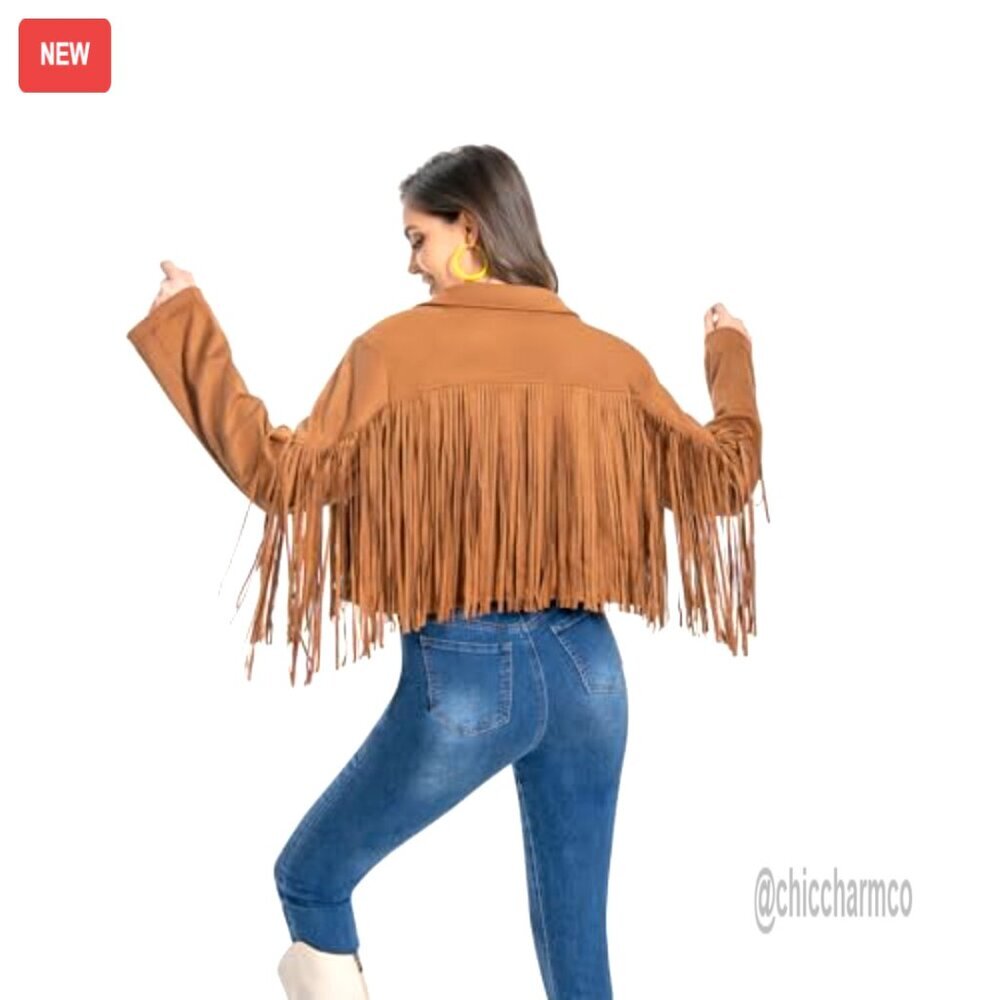 Faux Suede Leather Fringe Jacket Crop Moto Top Western Cowgirl - Picture 4 of 4